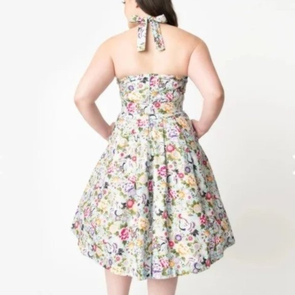 Unique Vintage Tarrytown Halter Swing Dress L Mint Blue Crane Print Metallic - Picture 2 of 8